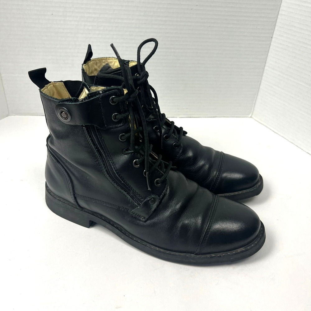 Fouganza Black Leather Lace Up Side Zip Combat Boots Women 41 US 10 Biker Goth